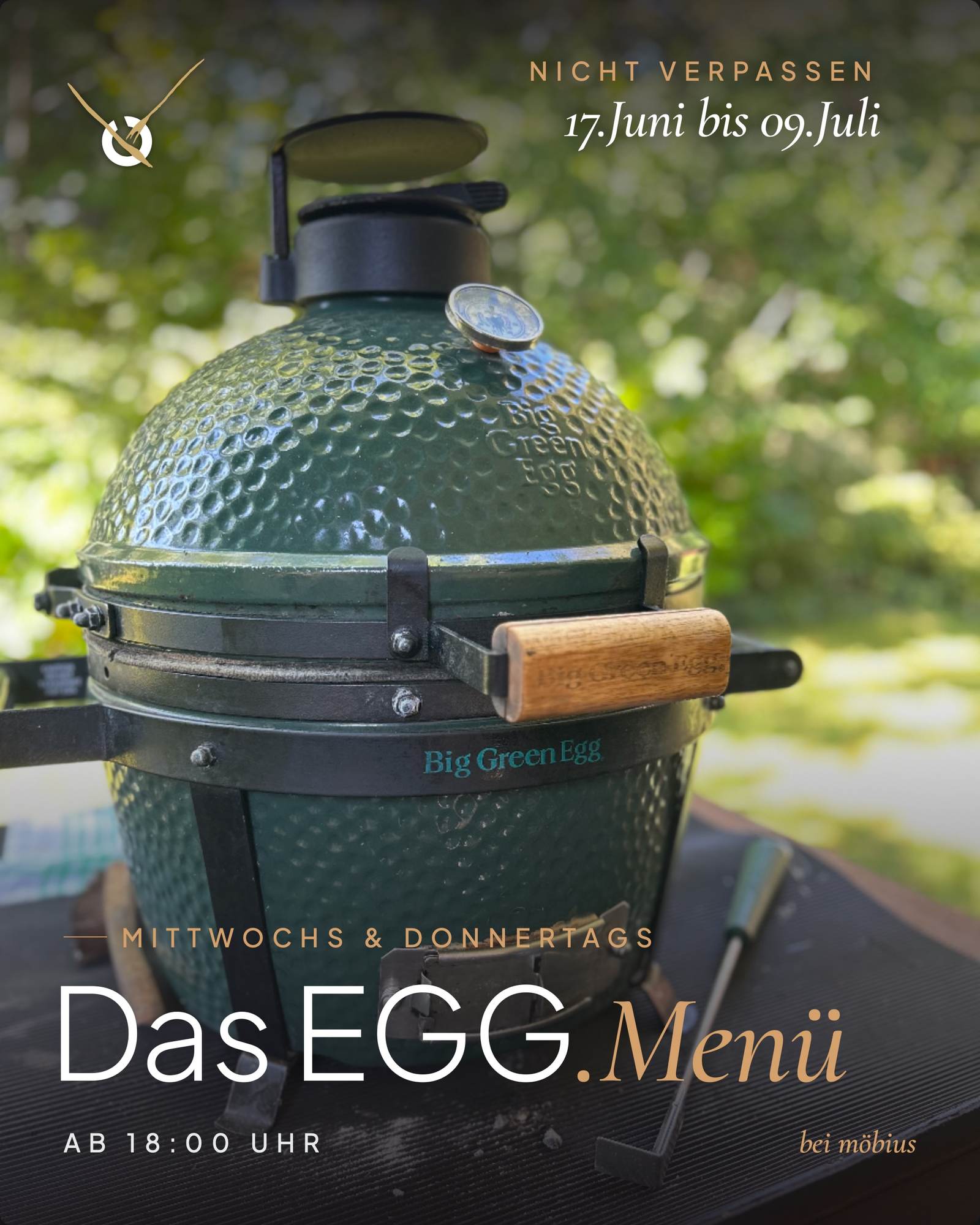 Das EGG.Menü Plakat – Big Green Egg im möbius Garten